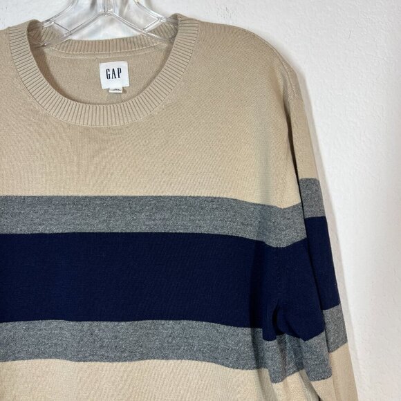 Gap Sweater Stripe Knit Comfy Preppy Tan Blue Gray Pullover Large - Picture 1 of 9
